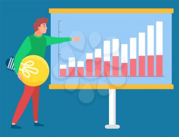 Man standing with light bulb near statistics chart and looking on it. Business tools for innovations and cooperation. Vector illustration flat style