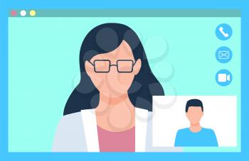 Medical video consultation, female doctor with glasses and man patient. Portrait and closeup view of people, hospital online, healthcare app vector