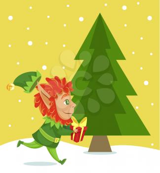 Xmas character with present in hands passing christmas tree. Elf running with gift decorated with wrapping paper and bow. Hurrying pixie with red hair. Snowfall in forest, vector in flat style