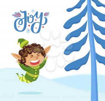 Holiday joy caption, greeting postcard. Elf playing and having fun on meadow among fir trees. Little boy enjoy leisure time. Fairy character in green traditional costume. Vector illustration in flat