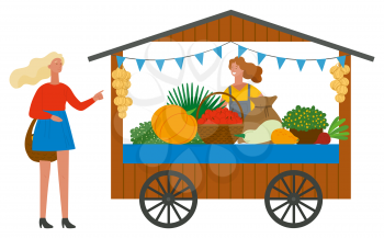 Trade tent with fresh ripe vegetables. Female vendor standing behind counter. Girls with basket buying fruits. Street stall or kiosk vector illustration