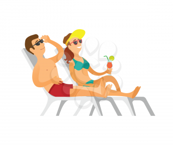 Couple lying on chaise lounge, man in shorts and woman wearing swimsuit sunbathing, smiling person drinking cocktail, people in sunglasses vector