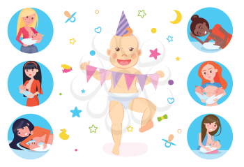 Child with happy face vector, motherhood set. Baby dancing with flags wearing celebration paper hat. Breastfeeding mothers with children family care