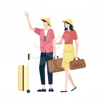 People on vacation vector, man and woman walking with bags rest in warm countries. Couple exploring Asia and Asian destinations, arrived male and female