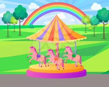 Amusement park carousel vector, entertainment and relaxation childhood activities and fun in spring. Landscape and fair weather, pony riding countryside