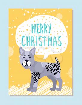 Merry Christmas poster with sign in cloud and bullterrier with nice facial expression. Pedigree domestic dog on holiday banner vector illustration.