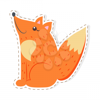 Cute funny red, bushy-tailed fox vector flat cartoon sticker or icon outlined with dotted line isolated on white. Wild predatory animal illustration for game counters, price tags