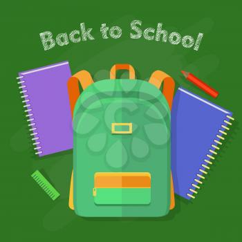 Back to school. Green backpack with orange lines and one pocket. School objects behind. Green ruler, red pencil, violet and blue notebooks. Illustration in cartoon style. Flat design. Vector