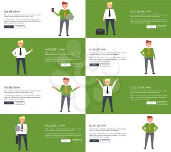 Happy businessman and successful man on set of eight unique pictures in different poses. Vector illustration of office workers designed for web pages