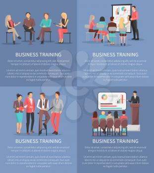 Set of business meeting trainings, leader with pointer showing graphics and schemes, workers listen to him vector illustration in team building concept