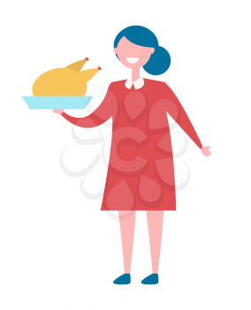 Girl with turkey in bow icon isolated on white background. Vector illustration with happy smiling woman in beautiful red dress holding Christmas dish