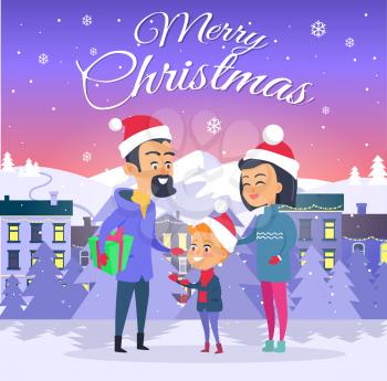 Postcard with Merry Christmas on city background. Vector illustration of happy family in red hats father with green prerent mother son on white field. Behind family are mountains white forest and houses