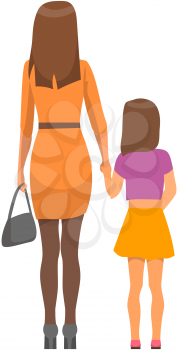 Happy family mother and daughter walking outdoors together outside back view. Woman holds her daughter by hand. People stand and look into distance. Family leisure activity vector illustration