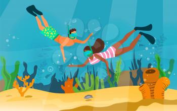 Man and woman snorkeling, exploring underwater world with fishes, corals, reefs. People dive and look at underwater inhabitants. Couple with snorkels swims near coral reef, vacation at sea, ocean
