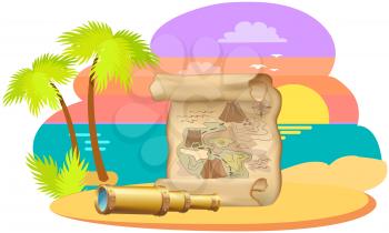 Sea adventures and travel, ocean journey poster. Marine cruise and nautical travelling advertising placard with attributes of water travel spyglass and old paper map on sandy shore with palms