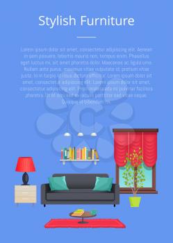 Stylish Furniture banner isolated on blue backdrop, set of decorative interior elements, sofa and carpet book shelf, plant and window with red curtain
