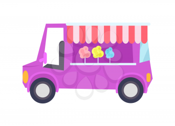 Pretty lilac car-shop with sweet cotton candy, color vector illustration isolated on white background, mobile sweets shop with cute striped curtain