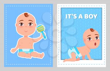 Its a boy poster with toddler infant in diaper crawls on all fours with wide open mouth and with rattle in hand vector illustration little child isolated.
