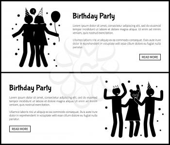 Birthday party promotional monochrome banners set with black silhouettes of men and women who have fun isolated cartoon flat vector illustrations.