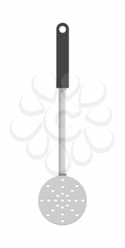 Shiny metal skimmer with black plastic handle. Convenient kitchenware that looks like spoon with holes. Kitchen utensil isolated vector illustration.