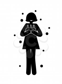 Black silhouette of woman with cake and three candles isolated on blank background. Celebration pose of girl with dotted splashes vector illustration