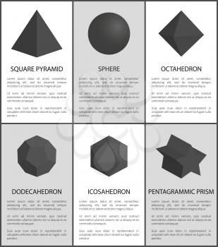 Sphere and octahedron, pentagrammic prism figures, dodecahedron and icosahedron, black geometric figures collection, text sample, vector illustration