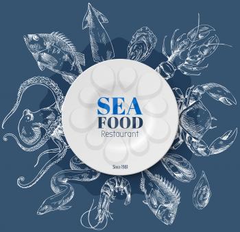 Composition of fish and sea food on blue background. Seafood shop or restaurant, template for labels and signboard. Vector hand-drawn illustration for seafood reastaurant logo. Cooking seafood concept