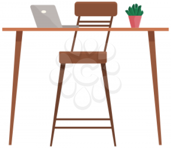Modern workplace with computer flat design. Office chair and desk with laptop, potted plant isolated on white. Furniture and equipment for workplace of an employee or office worker, cabinet interior