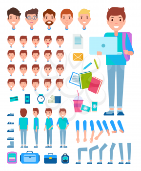 Man constructor set of man faces, body parts, male front back side view, emotions and daily accessories vector. Male in positive and negative mood