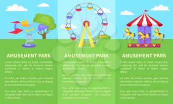 Amusement park set of posters with text and ferris wheel, rotating horses, rocket on spin on green lawn vector illustration advertisement banners