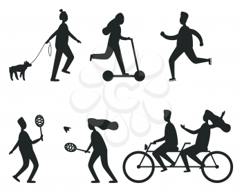 Collection of black silhouettes of people having fun. Isolated vector illustration of males and females spending time in park with their loved ones