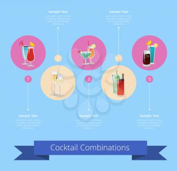 Cocktail combinations poster with alcohol beverages in round circles and sample of alcoholic drinks buy one get two samples vector illustration on blue