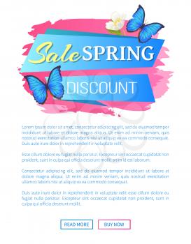 Spring sale poster discount colorful butterflies of yellow and black color and anemone flower, vector on web page with push buttons read and buy now