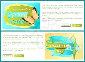 Spring sale poster discount colorful butterflies web posters set with push buttons, cute flying insects and snowdrop vector promo stickers on banner