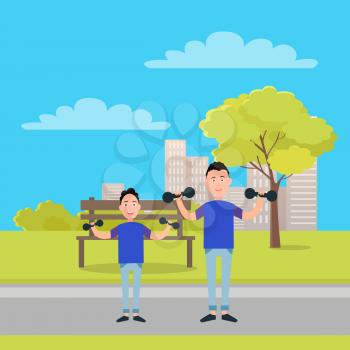Sport exercises in autumn park colorful poster, vector illustration with father and his son in same clothes, set of buildings, two clouds, brown bench