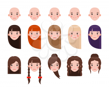 Girl head with hairstyles and emotional faces set. Modern hairstyles and colored long hair. Faces that express emotions isolated vector illustrations.
