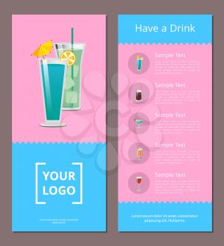 Have a drink poster with place for logo, mojito and mint cocktail summer party promo banner, drinks made of vodka and liqueur with umbrella vector