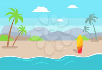 Empty beach near sea with tall palms and bright surfboard. Deserted beach with surfboard stick out of sand and sea line cartoon vector illustration.