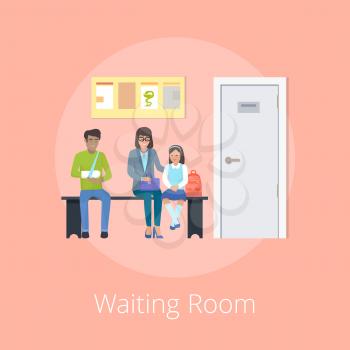 Waiting room of medical clinic icon with patients with traumas sitting on bench near doctor s door. Vector illustration of hospital room on bright background