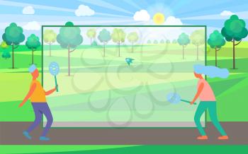 Man and woman playing badminton in summertime green park. Multicolored vector illustration with thin frame in center for text content
