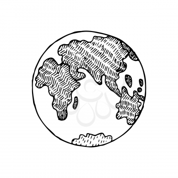 Hand drawn sketch of Earth planet vector illustration isolated on white background. Dark silhouette of globe, logotype design of peace symbol