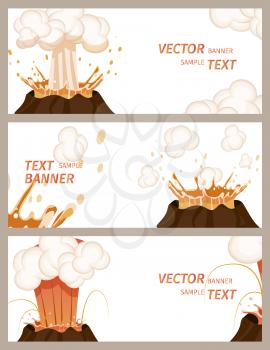 Volcanic eruption stages vector illustrations set of banners with spare place for text. Steaming volcano, hot burning lava approach, splash and spreading on flyers with white background in flat style