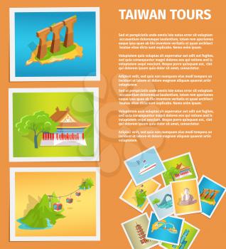 Taiwan tours web banner. Scattered photos with famous asian attractions flat vector. Travel agency vertical flyer or banner with sample text