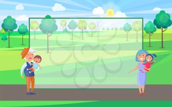 Happy grandparents senior couple holding children on hand, grandpa and grandma with kids on background of green trees in park vector with frame for text