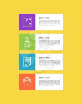 Varied icons set isolated on yellow, colorful card with vector logos of safe and queen chess figure, head with brain, strategy document illustration