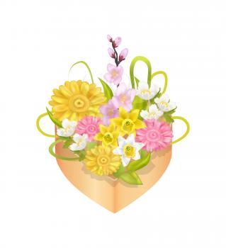 Bouquet of spring flowers in heart shape decorative box with daffodils, anemone blossoms, sakura branches and camellia vector illustration isolated