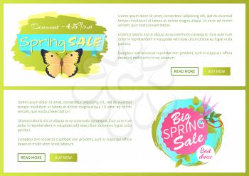 Spring sale posters discount -45 colorful butterfly of yellow and black color, greeting card with lilac flower design vector illustration web banners