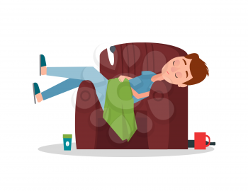 Careless boy sleeping in armchair and chaotically scattered things as cup of coffee, disabled glass, bottle of wine, socks. Bad habits concept vector