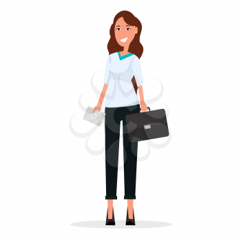 Businesswoman in white blouse and black trousers with leather briefcase and envelope isolated on white background vector illustration.