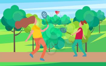 Mother and daughter playing badminton vector on background of green trees. Middle-aged female parent and her teenage child spending time outside